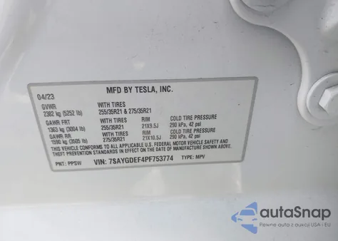 2023 Tesla Model Y Performance Dual Motor All-Wheel Drive z USA, uszkodzony, nr VIN 7SAYGDEF4PF753774